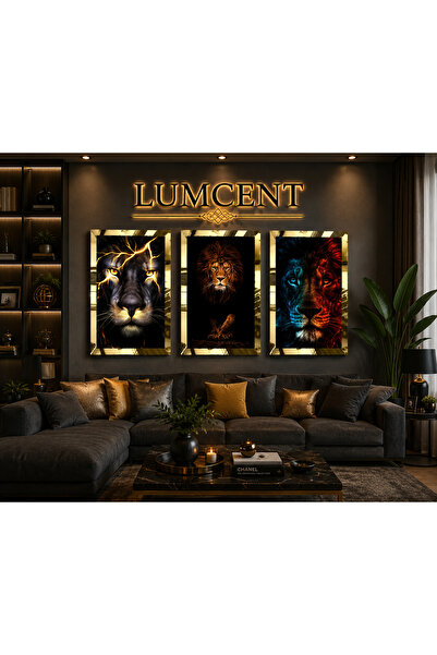 Lumcent 3 Parça Aslan Temalı MDF Tablo Seti – Altın Pleksi Çerçeveli Premium ...