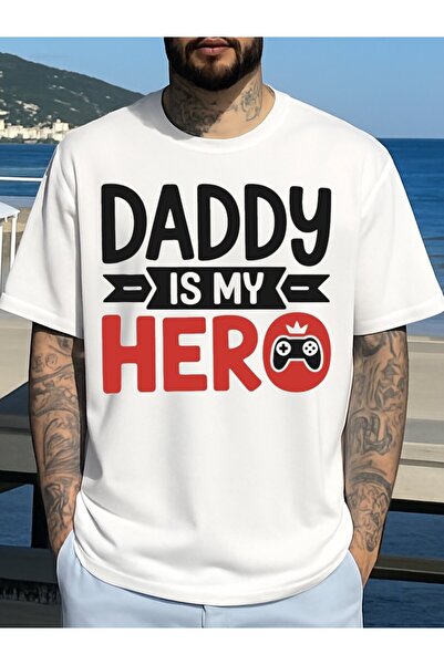 BASEPULSE تي شيرت رجالي بتصميم مرح بطبعة "DADDY IS MY HERO"، أبيض 100%، قصة ف...