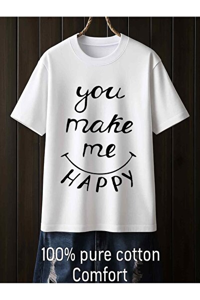 NOURAM تي شيرت رجالي مطبوع عليه "You Make Me Happy" - قميص كاجوال بقصة عادية ...