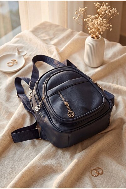 Modamorfo Oval Design Woven Strap Multi-Compartment Women's Backpack - Dark Blue