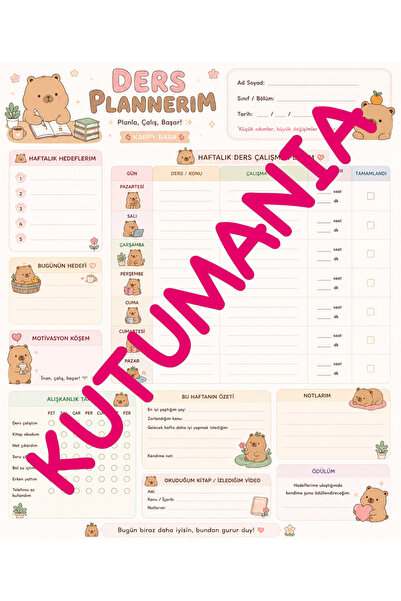Kutumania Capybara Study Planner Kawaii Tasarım 30 Sayfa A4 | Ders Programı v...