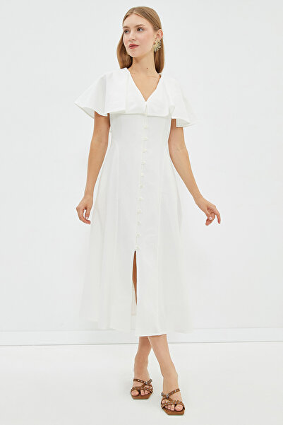 Fulla Moda Linen Look Baby Collar Buttoned Dress