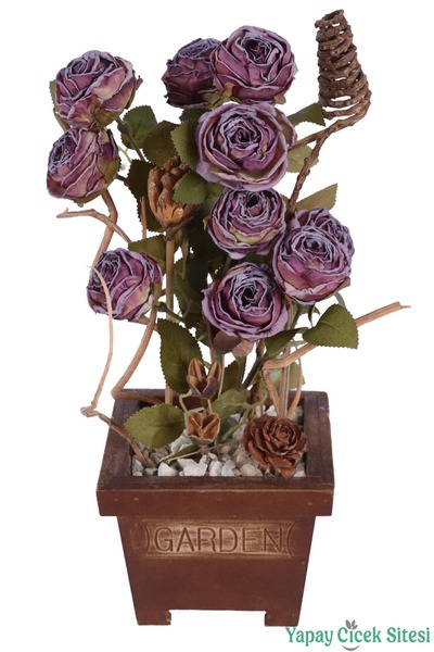Yapay Çiçek Sitesi Realistic Artificial Rose Arrangement in Wooden Garden Pot...