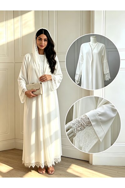 Noon Noora Chiffon and Lace Patchwork Front Opening Abaya with Headscarf