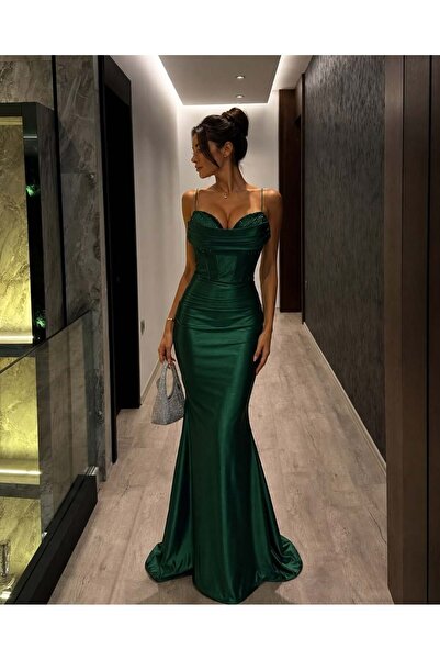 Modafeminen Emerald Satin Evening Dress with Strap Corset Detail 583395