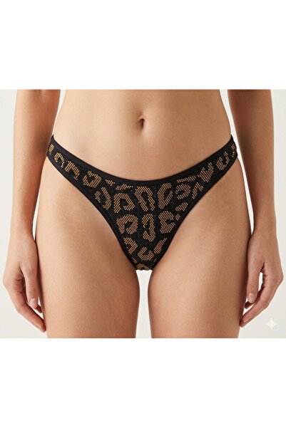 Kadın Siyah Leopar Taş İşlemeli String Fantezi Tanga