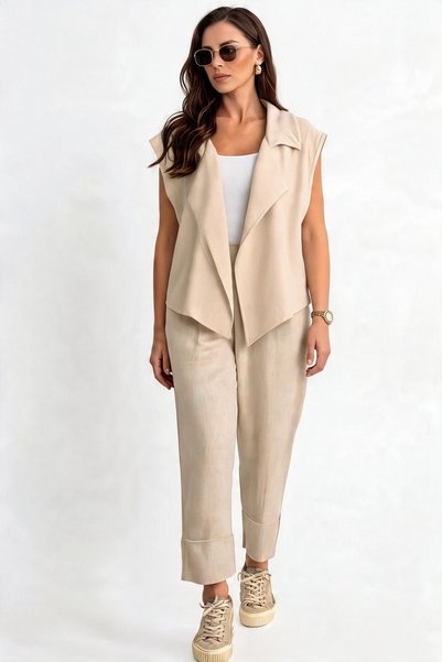 TLG TLG GİYİM Women's Jacket with Collar Tie, Raw Linen Vest and Trousers Set