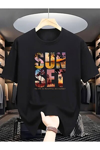 212Wear 180G Pure Cotton Single-Sided Printed Men's Red SUNSET Pattern T-Shir...