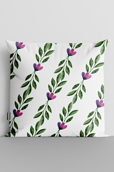 TicaretJet Purple Flowers Green Leaves Double Sided Digital Printed Throw Pil...