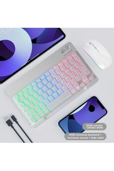 Fat Dolphin Boutique Store لوحة مفاتيح وماوس بلوتوث فائقة النحافة باللغتين العربية والإنجليزية للآيباد، لوحة مفاتيح وماوس لاسلكية قابلة لإعادة الشحن مع إضاءة خلفية بـ7 ألوان، متوافقة مع الآيباد