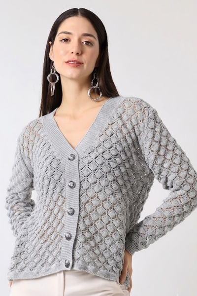 Devinka Women's Openwork Buttoned Seasonal Knitwear Cardigan