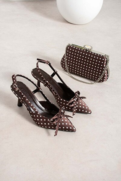 dabab shoes Polkia Polka Dot Patterned Coffee Satin Bow Detailed Pointed Toe ...