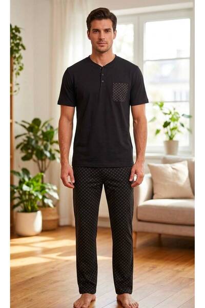Pijamask Men's Black Buttoned Collar T-Shirt and Patterned Pajama Set - Home ...