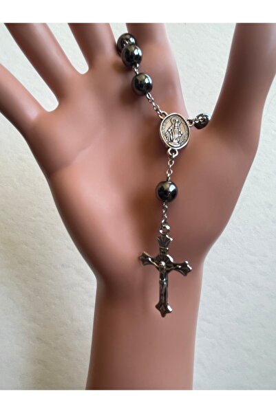 Yada Unique 8 mm Hematit Doğal Taş Katolik Mini Hrıstiyan Rosary Tesbih -Gümü...