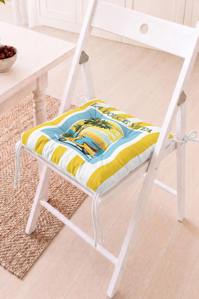 Home La Dolce Vita Temalı Pofidik Sandalye Minderi - Sarı Mavi Dekoratif Balk...