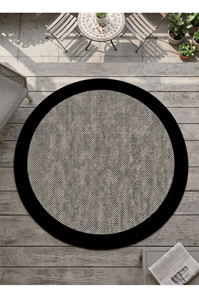 Bordo Halı Modern Siyah Çerçeveli Balıksırtı Desenli Dijital Baskı Kaymaz Tab...