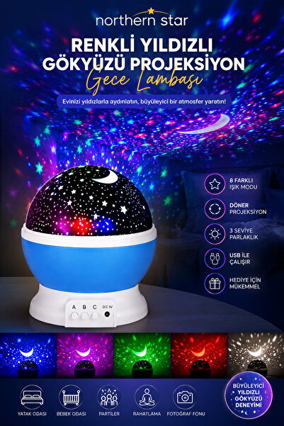 Northern Star Renkli Ay&Yıldız Gökyüzü Temalı Projeksiyon Gece Lambası