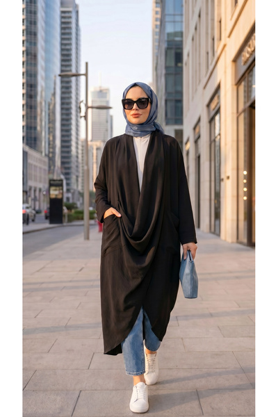 Mürdüm butik Asimetrik Tasarım Çapraz Tunik Keten Aerobin Kumaş-Siyah