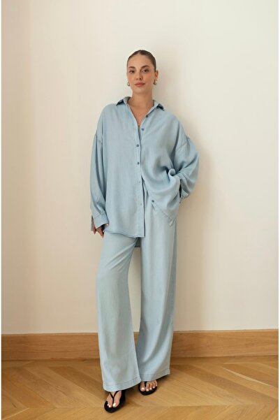 BRTC design Women's Blue Tencel Oversize Shirt and Pants Set