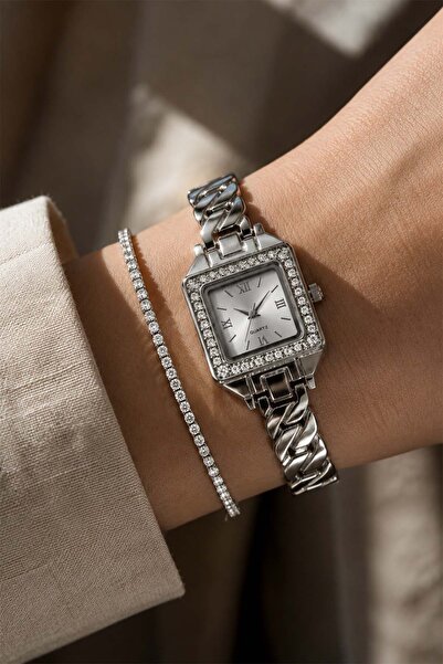 GANYMET Ctos Women's Silver Square Steel Watch with Stone Bezel Silver Dial L...