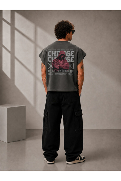 EVIus Tricou oversize imprimat, croială boxy, fără mâneci, cu decolteu tip cr...
