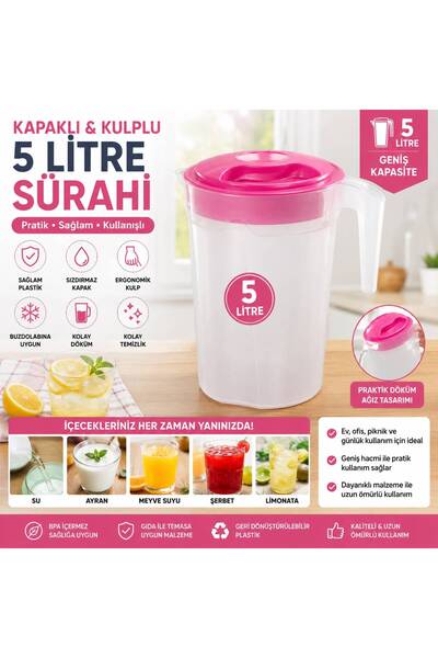 Duruper Kimya 5 Litre Kapaklı Plastik Sürahi | Kulplu İçecek Sürahisi | Su, A...