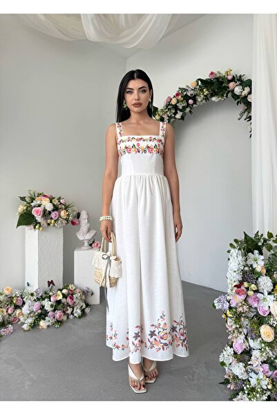Miss Beyoğlu Women's Floral Embroidery Detailed Strappy Linen Long Dress