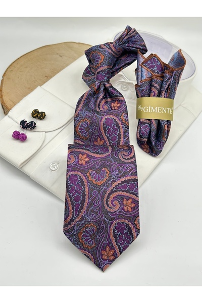 Gutiero Purple Orange Shawl Patterned Classic Tie with Handkerchief