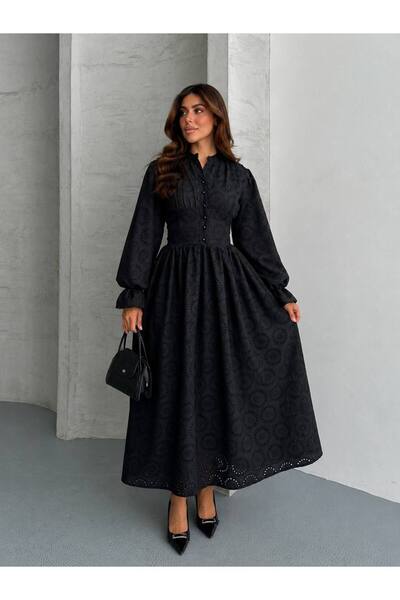 D'RECCY Women's Elegant Dress with Ruched Sleeves, Belt at the Waist, Long Fl...