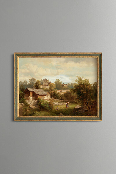 epiqart Alpine Landscape with Farmers - Vintage Patterned Painting - Fine Model