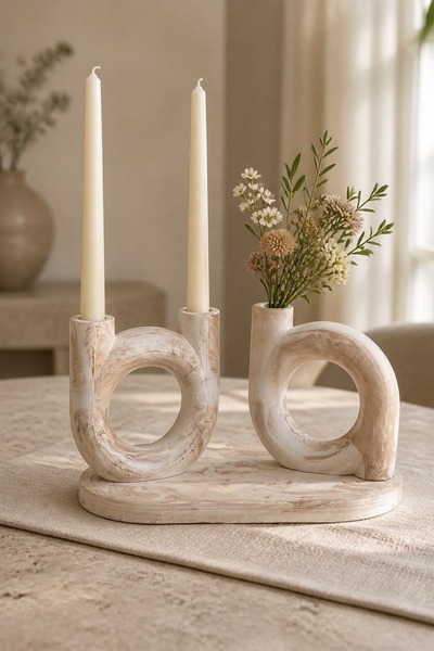 Hikwo 2'li Oval Vazo Tepsili Dekoratif Set - Hediyelik Set - Kahve