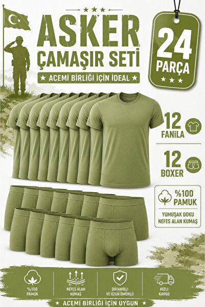 Meyzz 24 Parça Asker Çamaşır Seti 12 Fanila 12 Boxer %100 Pamuk Acemi Birliği...