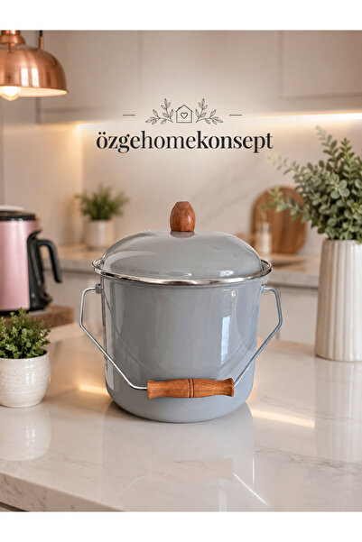özgehomekonsept Enamel Pot with Wooden Handle – with Lid, 20 Cm, Retro Design...