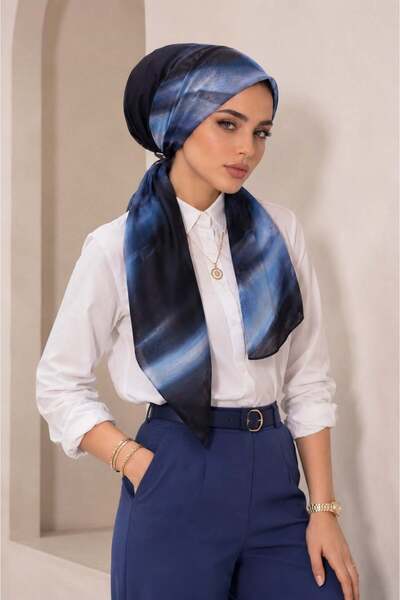 Aişe tesettür Navy Blue Batik Pattern Scarf Bonnet