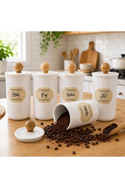 MODA OZY 4'lü 900ml Akrilik (Plastik) Vakumlu Ahşap Kulplu Çay Şeker Kahve Tuz Kavanozu Beyaz Saklama Kabı