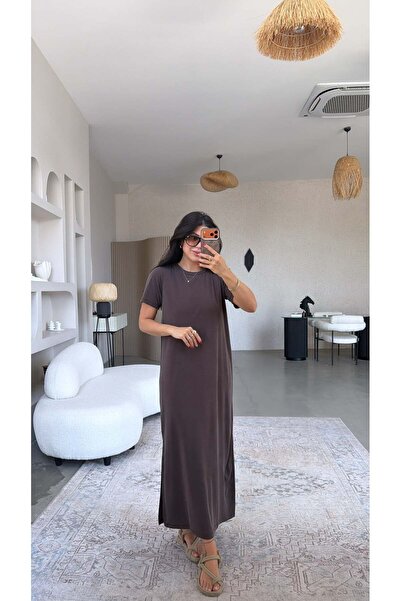 Buket Teke Brown Short Sleeve Pique Modal Long Slit Dress