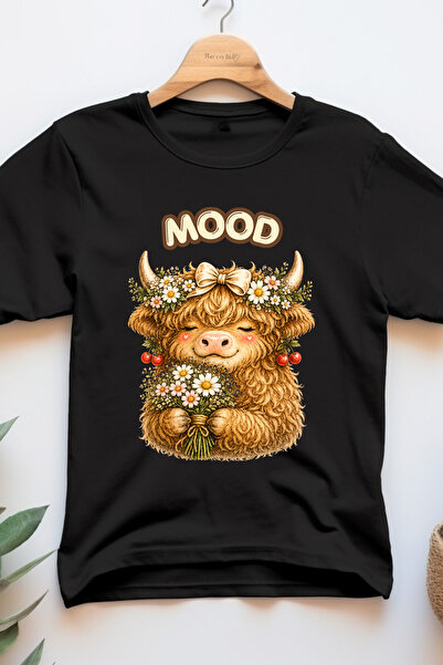 LexasUs تي شيرت MOOD Highland Cow مطبوع عليه زهور لطيفة على شكل بقرة للجنسين،...