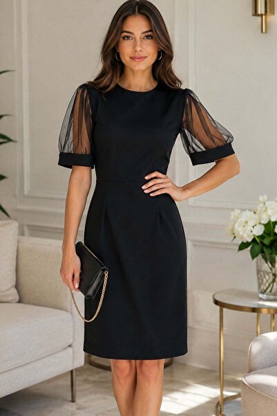 Mossta Short Sleeve Tulle Detailed Midi Crepe Dress - Black
