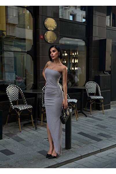 sajarsln Saja Rsln Glittery Strapless Dress with Slit and Gathered Shawl