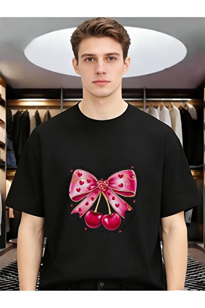 LİNA06 Cherry Bow Tie Valentine'S Day Gift Men'S Spring Summer Round Neck Sho...