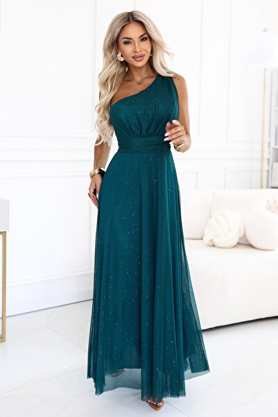 Numoco Rochie lungă de seară strălucitoare cu un umăr - verde sticlă de Seara