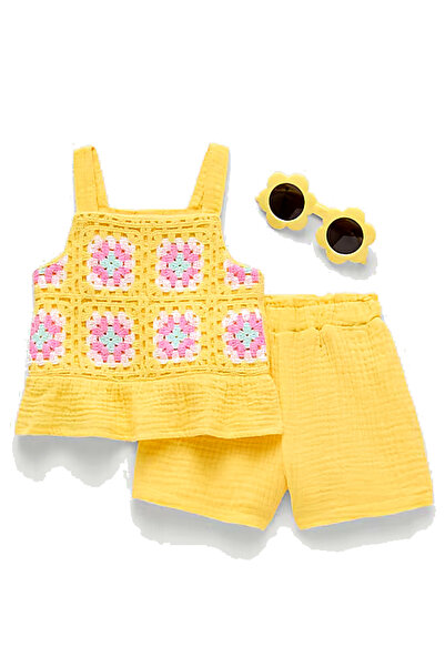 BTween Baby Girl Yellow Knitted Detailed 2-Piece Summer Set with Shorts