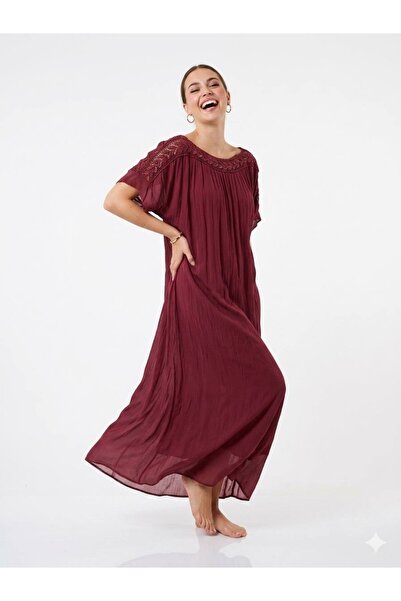 Genel Markalar Fortuna Moda İtalyan İpek Detaylı Dantel Yaka Oversize Elbise