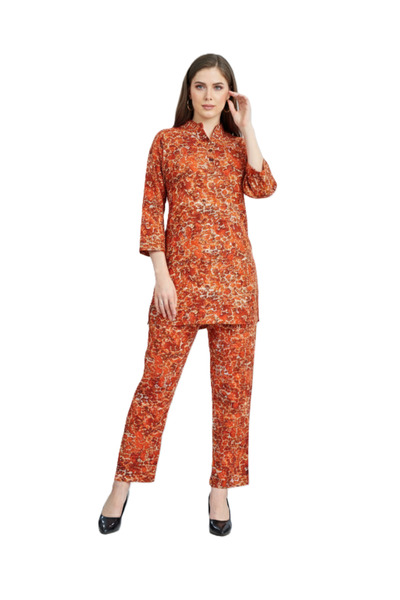 RIZQE Orange Red Abstract Kurti & Pant Co-ord Set | Rayon Modest Wear
