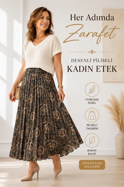 Alıç Women's Patterned Pleated Long Skirt Mother's Skirt – Patterned Casual a...
