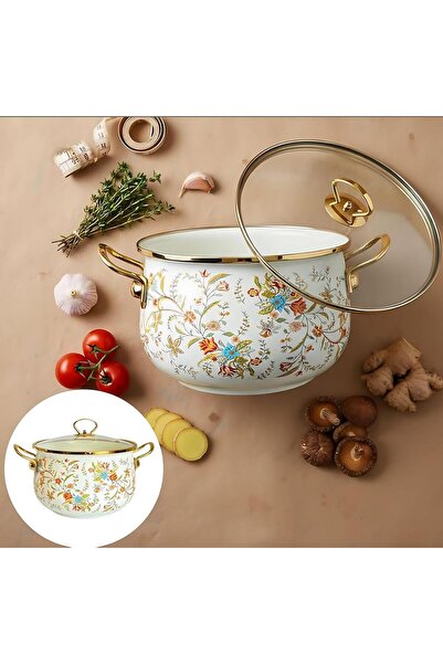 REXA R Enamel Cooking Pot with Lid, Vintage Design Floral Soup and Stew Pot, ...