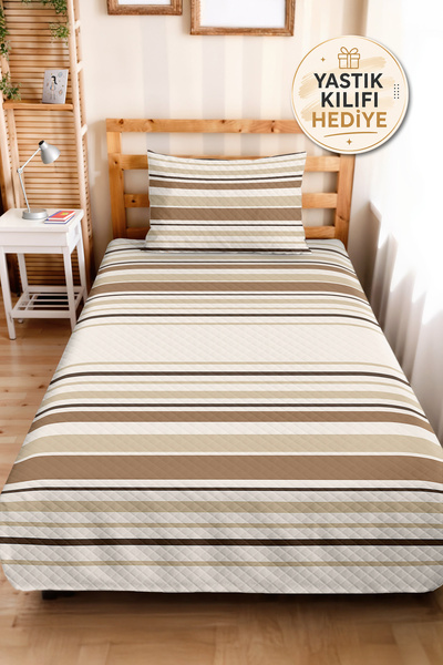 Evimde Bambaşka Striped Beige Bohemian Single Pique Set - Geometric Brown Cre...