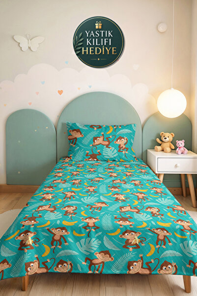 Evimde Bambaşka Cute Monkeys Turquoise Children's Room Single Pique Set-Tropi...