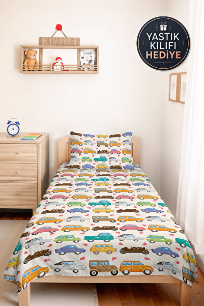 Evimde Bambaşka Colorful Cars Children's Room Single Pique Set - Colorful Ret...