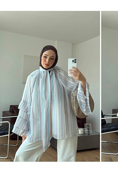MAESTRO WOMAN Kadın Mavi Çizgili Şifon Bağlamalı Bluz